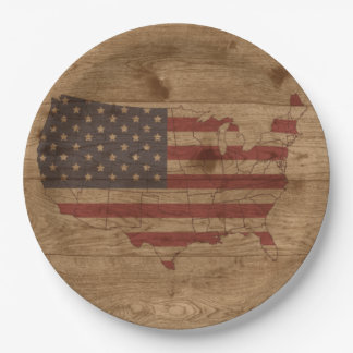 American Flag Over Rustic Wood | USA Patriotic Paper Plate