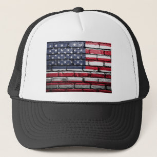 American flag painting on a brick wall trucker hat