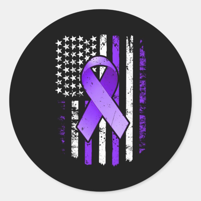 American Flag Pancreatic Cancer Purple Ribbon Classic Round Sticker (Front)