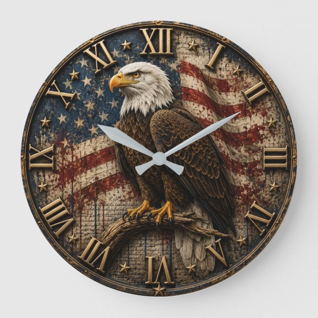 American Flag Patriotic Bald Eagle Large Clock (Front)