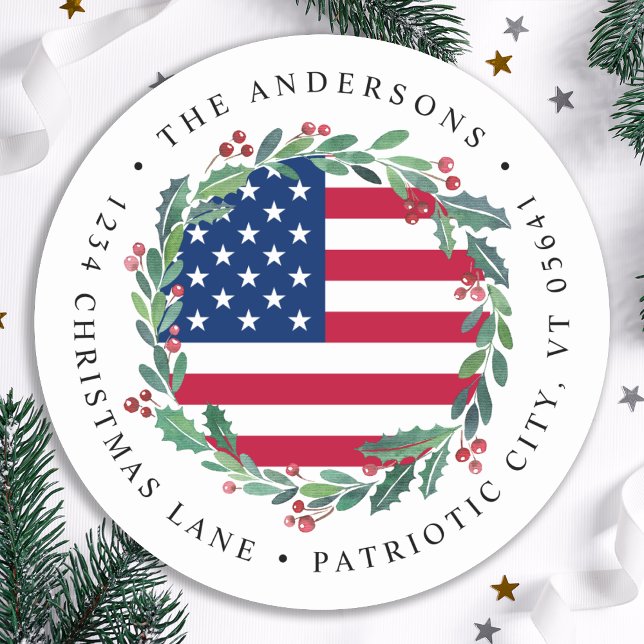 American Flag Patriotic Christmas Return Address Classic Round Sticker (Creator Uploaded)