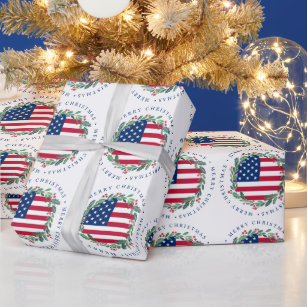 American Flag Patriotic Christmas Wreath  Wrapping Paper