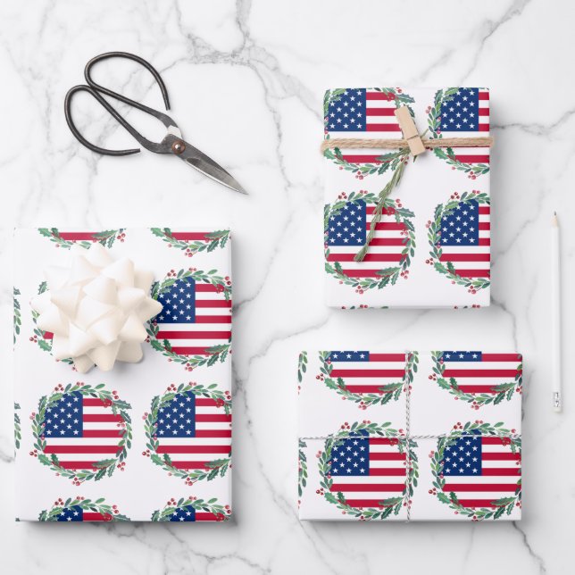 American Flag Patriotic Christmas Wreath Wrapping Paper Sheet (Front)