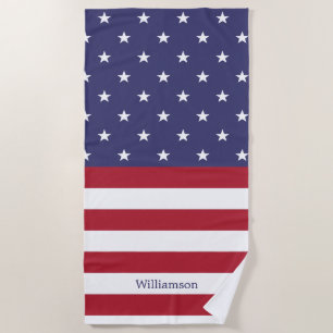 American Flag Patriotic Custom Name Pattern Beach Towel
