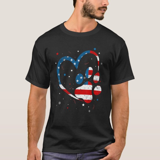 American Flag Patriotic Dog & Cat Paw Print  4th O T-Shirt (Front)