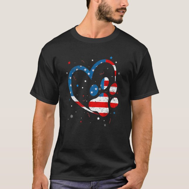 American Flag Patriotic Dog & Cat Paw Print 4th Of T-Shirt (Front)
