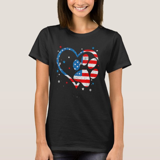 American Flag Patriotic Dog & Cat Paw Print 4th Of T-Shirt (Front)