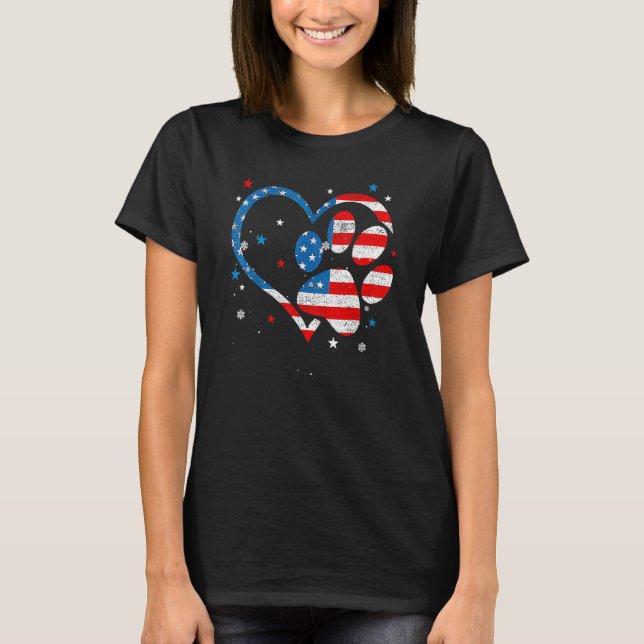 American Flag Patriotic Dog & Cat Paw Print 4th Of T-Shirt (Front)