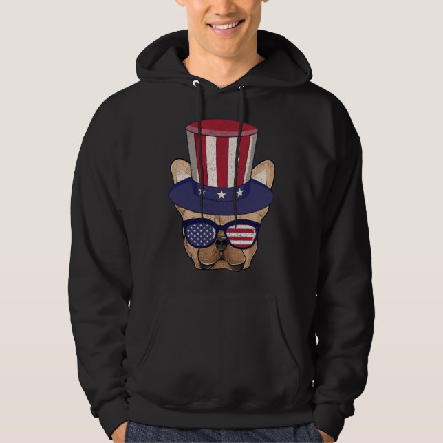American Flag Patriotic French Bulldog Apparel 4th Hoodie (Front)