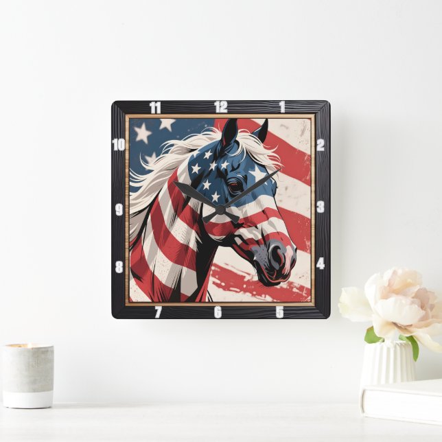 American Flag Patriotic Horse  Square Wall Clock (Home)