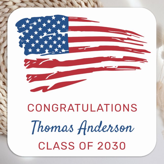 American Flag Patriotic Military Graduation Square Sticker (Creator Uploaded)