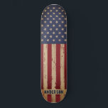 American Flag Patriotic Personalised Rustic Wood Skateboard<br><div class="desc">USA American Flag skateboard in a distressed worn grunge design on wood . This united states of america flag skateboard design with stars and stripes in red white and blue is perfect for military, graduation gifts. Personalise this american flag skateboard with name. COPYRIGHT © 2020 Judy Burrows, Black Dog Art...</div>