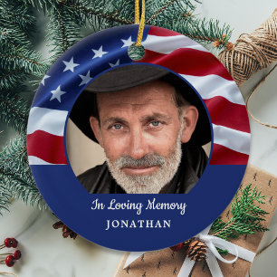 American Flag Patriotic Photo Memorial Ceramic Ornament