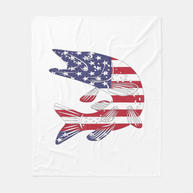 American Flag Patriotic Pike Fisherman Gift Musky  Fleece Blanket (Front)