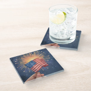 American Flag Patriotic Watercolor Painting  Glass Coaster