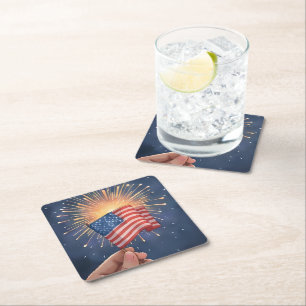 American Flag Patriotic Watercolor Painting  Square Paper Coaster
