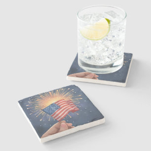 American Flag Patriotic Watercolor Painting Stone Coaster