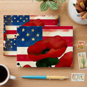 American Flag Pattern Poppy Flower Patriotic Envelope