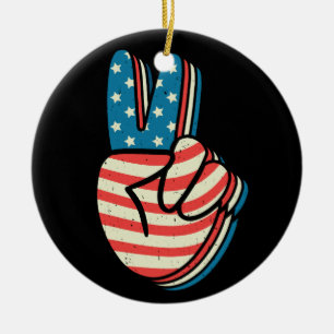 American Flag Peace Sign Hand 4th of July  Ceramic Ornament