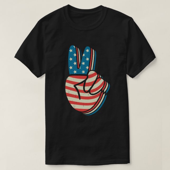 American Flag Peace Sign Hand 4th of July  T-Shirt (Design Front)