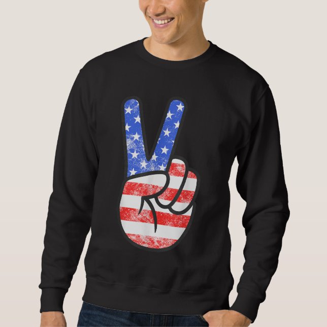 American Flag Peace Sign Hand Fourth of July Sweatshirt (Front)