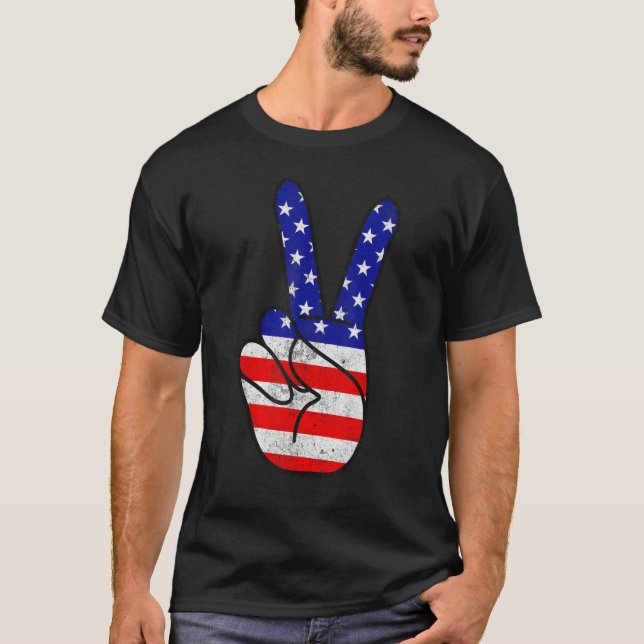 American Flag Peace Sign Hand Patriotic 4th Of Jul T-Shirt (Front)