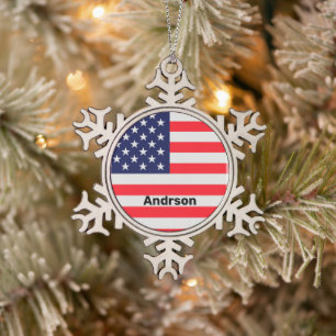 American Flag Personalised Patriotic Stars Stripes Snowflake Pewter Christmas Ornament