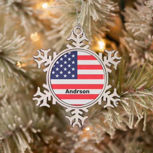 American Flag Personalised Patriotic Stars Stripes Snowflake Pewter Christmas Ornament (Tree)