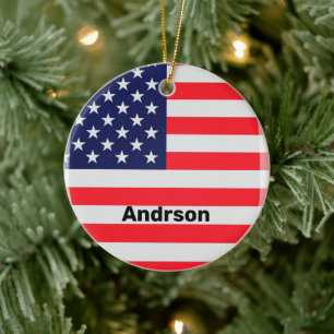 American Flag Personalized Patriotic Stars Stripes Ceramic Ornament