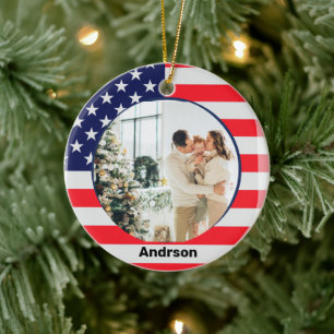 American Flag Personalized Patriotic Stars Stripes Ceramic Ornament