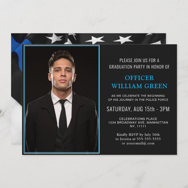 American Flag Police PHOTO Graduation Party Event Invitation (Front/Back)