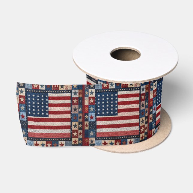 American Flag Quilt Pattern Satin Ribbon (Spool)