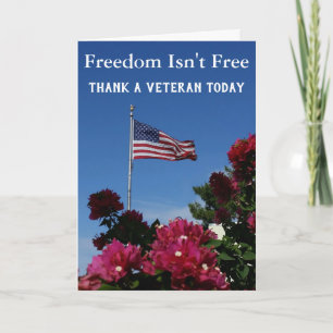 American Flag Red Flowers Freedom Isn't Free Thank You Card