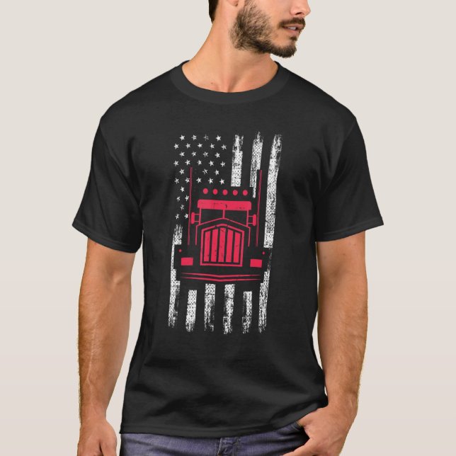 American Flag Red Truck Mechanic  Semi Truck Drive T-Shirt (Front)