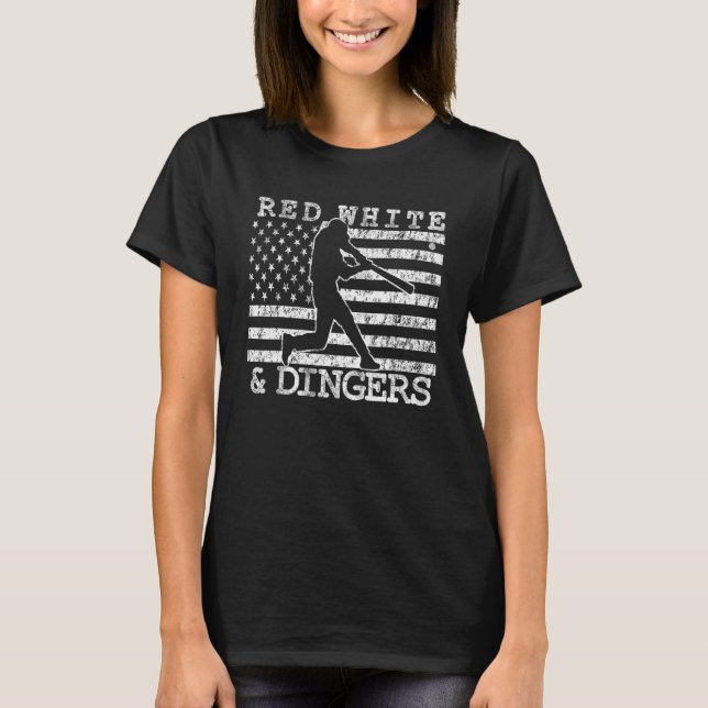 American Flag Red White and Dingers Baseball Softb T-Shirt (Front)