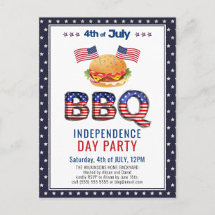 American Flag Red White Blue 4th of JULY BBQ   Invitation Postcard