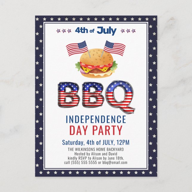 American Flag Red White Blue 4th of JULY BBQ   Invitation Postcard (Front)