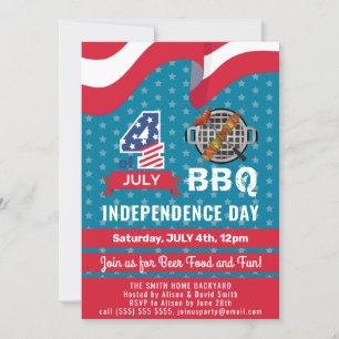 American Flag Red White Blue 4th of JULY BBQ Party Invitation