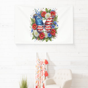 American Flag Red White Blue Butterfly Floral Banner