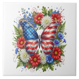 American Flag Red White Blue Butterfly Floral Ceramic Tile
