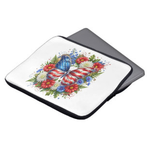 American Flag Red White Blue Butterfly Floral Laptop Sleeve