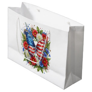 American Flag Red White Blue Butterfly Floral Large Gift Bag