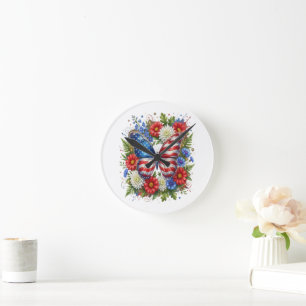 American Flag Red White Blue Butterfly Floral Round Clock