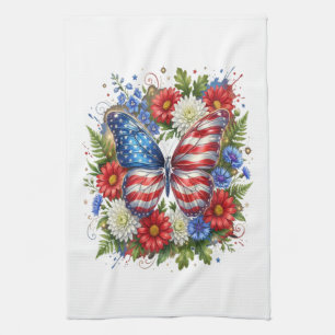 American Flag Red White Blue Butterfly Floral Tea Towel