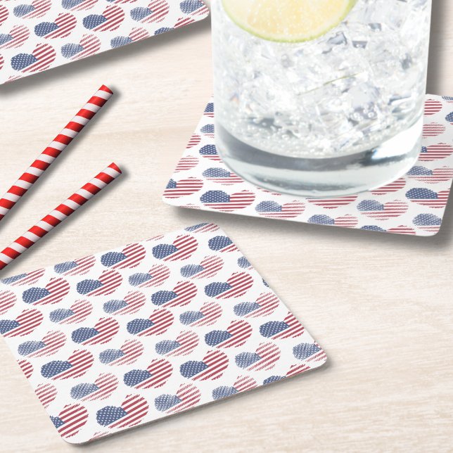 American Flag Red White Blue Patriotic Square Paper Coaster (Cute Patriotic American Flag Rustic Heart Pattern Square Paper Coaster)