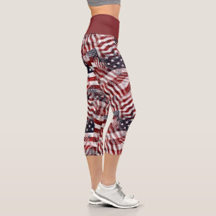 American Flag Red White Blue Stripes Stars Pattern Capri Leggings