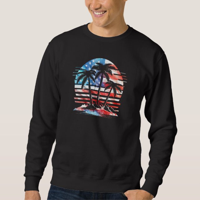 American Flag Retro Beach Palm Trees 4th of July P Sweatshirt (Front)