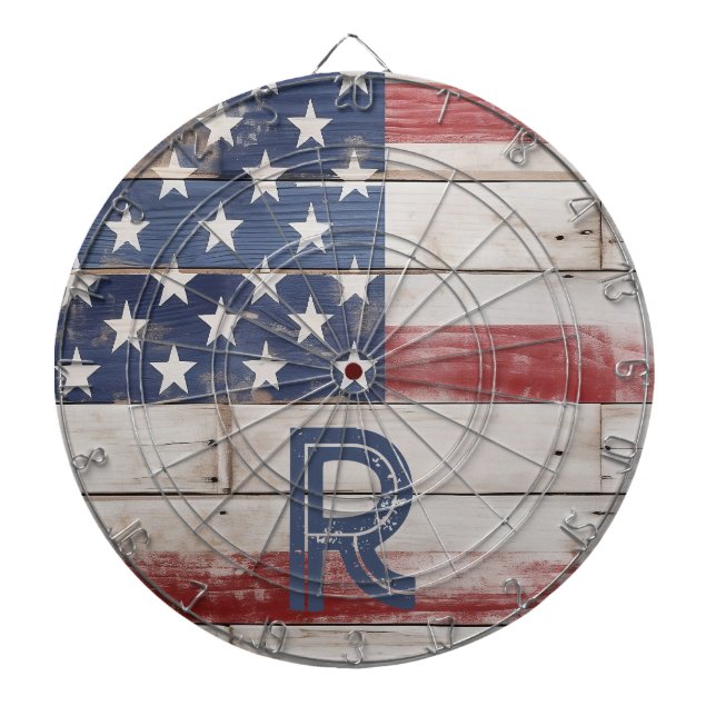 American Flag Rustic Red White Blue Monogram Dartboard (Front)