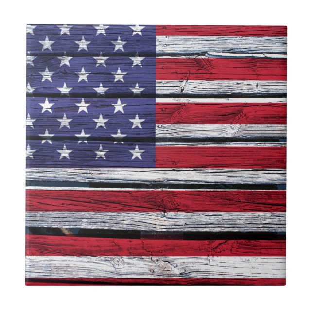 American Flag Rustic Wood Ceramic Tile (Front)