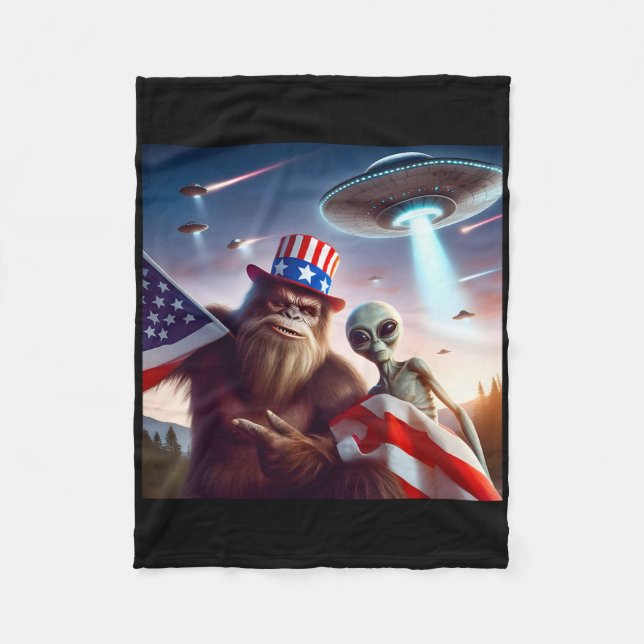 American Flag Sasquatch With Alien Ufo Bigfoot 4th Fleece Blanket (Front)